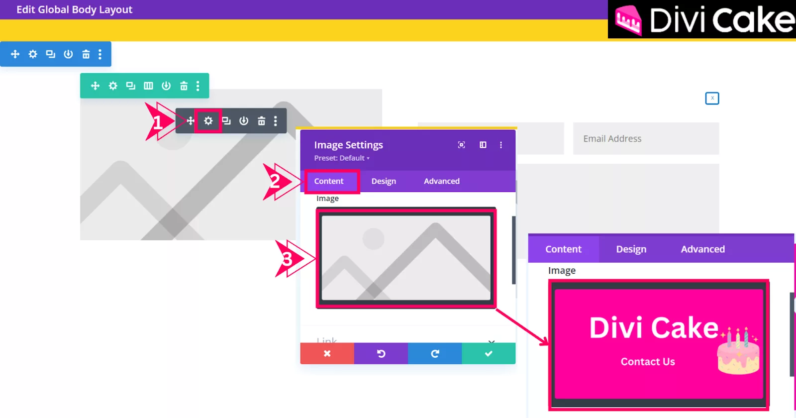 Update the Image Module in Divi by selecting the Gear Icon, accessing the Content tab, and uploading a custom image to fit your website’s design.