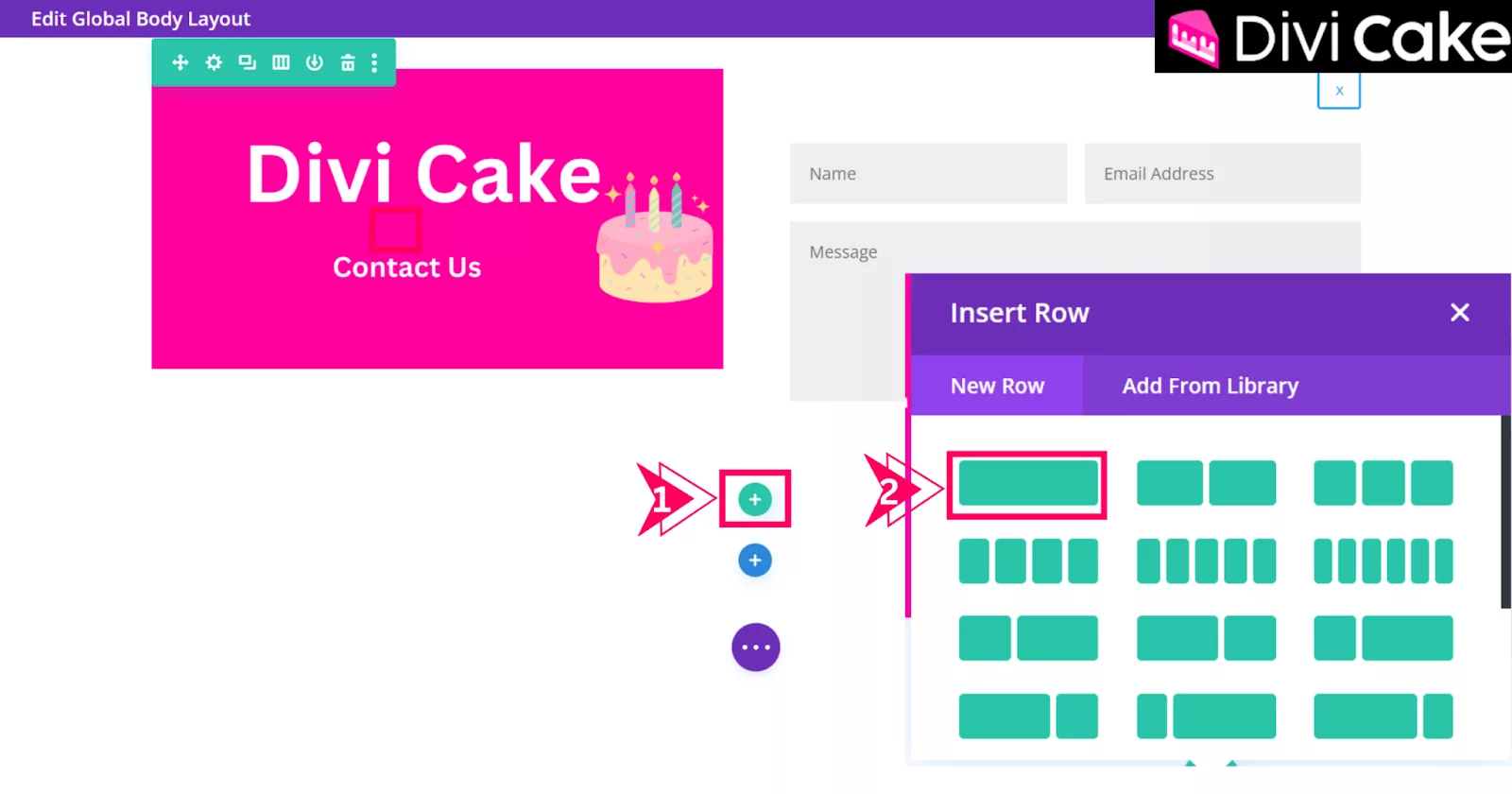 Add a new row with a single column below the popup module design in Divi, preparing to insert a Code Module for the JavaScript code.
