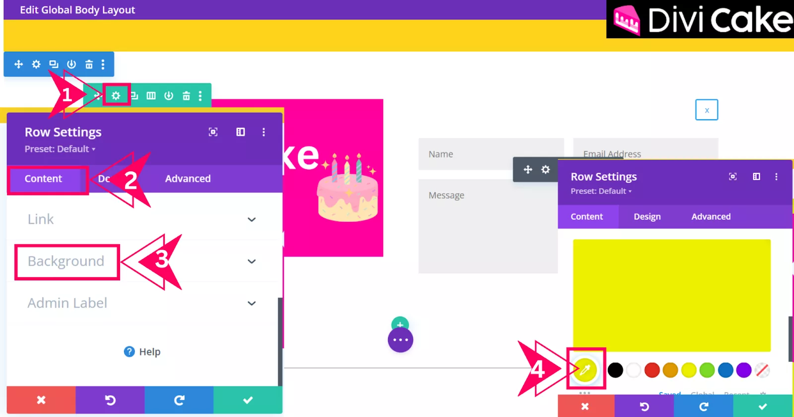 Change the background color of the row in Divi by opening Row Settings, selecting the Content tab, and adjusting the Background option to match your design.
