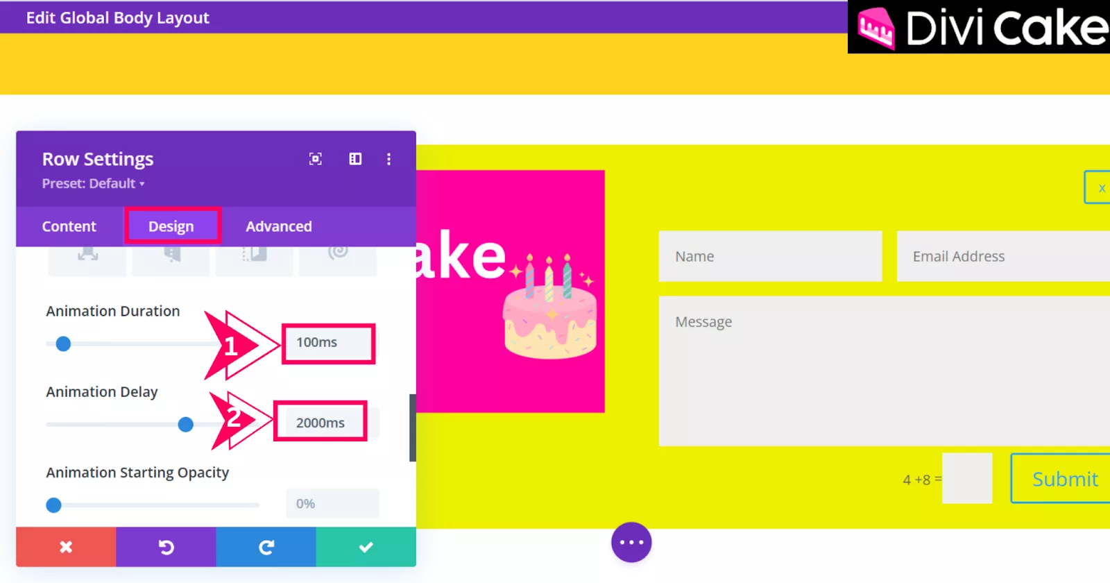 Fine-tune the Divi popup animation by setting the Animation Duration to 100ms and the Animation Delay to 2000ms in the Animation Settings.