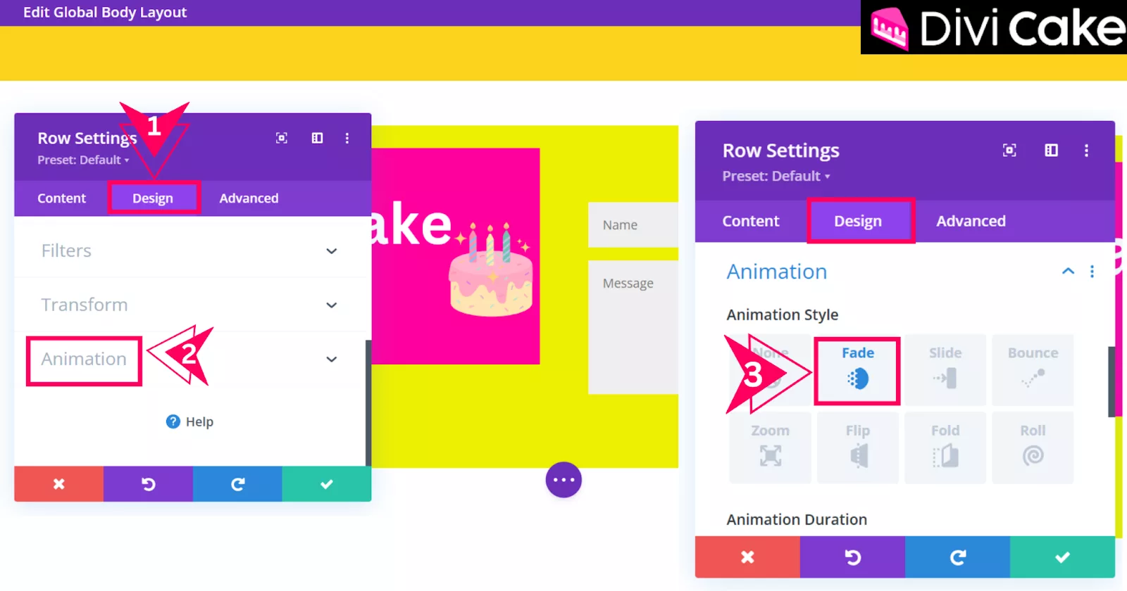 Apply a fade animation effect to the Divi popup by accessing Row Settings, opening the Design tab, and selecting the Fade option under Animation settings.
