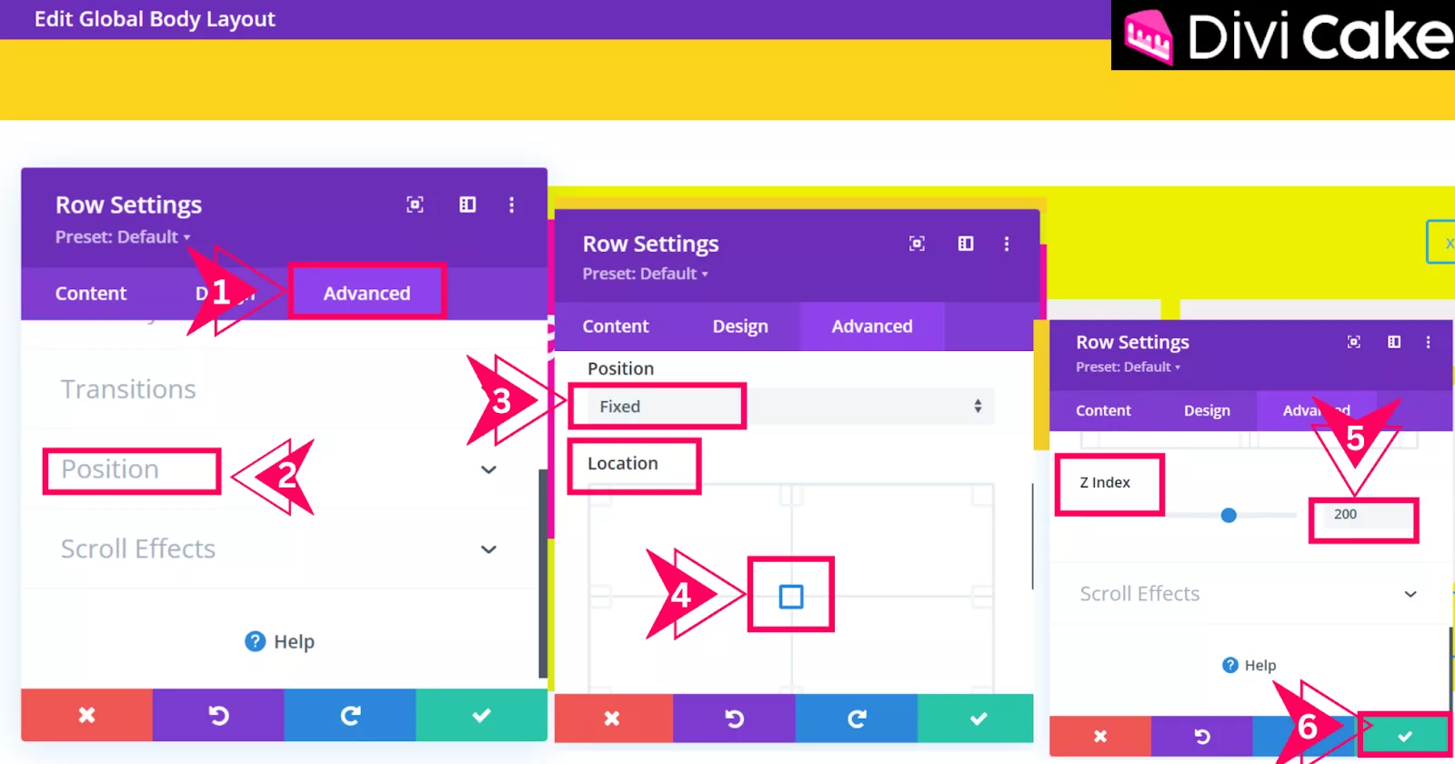 Adjust the Divi popup position by setting the row to Fixed, aligning it to the Center, and setting the Z-Index to 200 in the Advanced tab.
