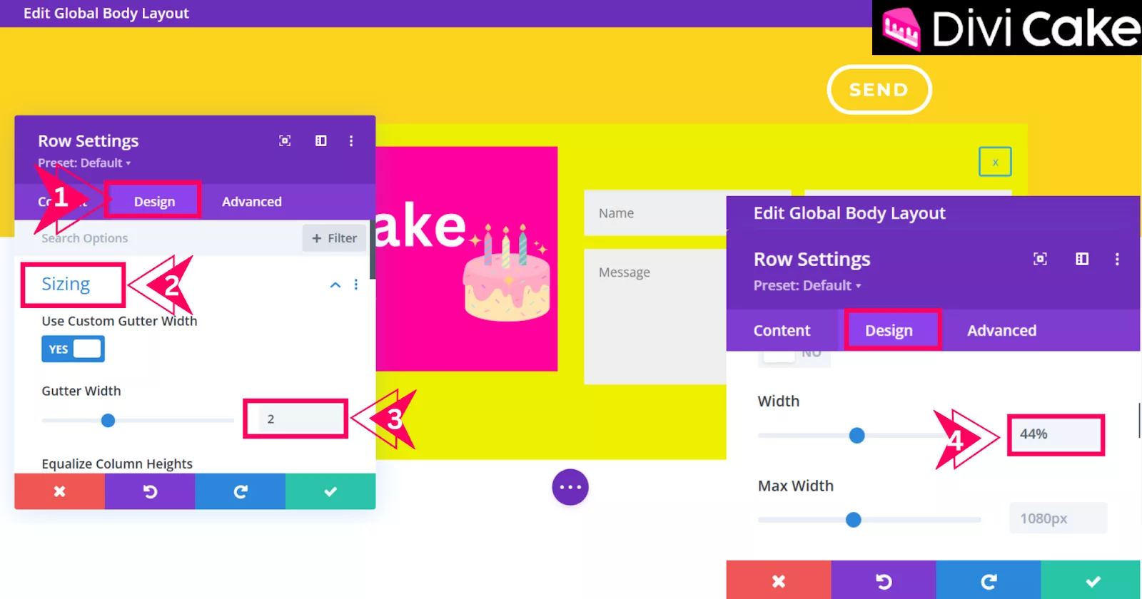 Improve the Divi popup appearance by enabling Custom Gutter Width, setting Gutter Width to 2, and adjusting the row width to 44% in the Design tab.