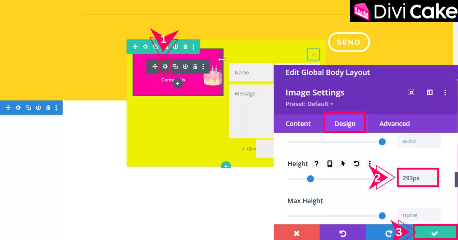 Resize the Image Module in the Divi popup by setting its height to 293px to match the Contact Form module for a balanced layout.