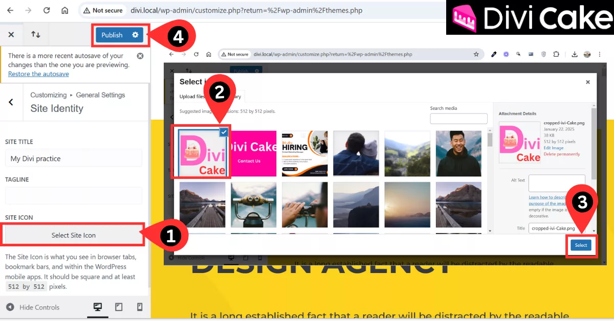 Upload a favicon by selecting the Site Icon option in the Site Identity panel and choosing an image from the Media Library or your PC.