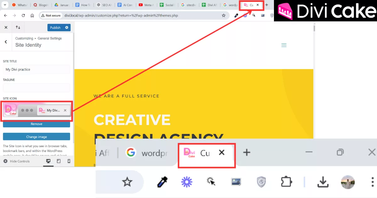 Screenshot showing the final result after successfully uploading and applying the favicon (site icon) in WordPress Divi.