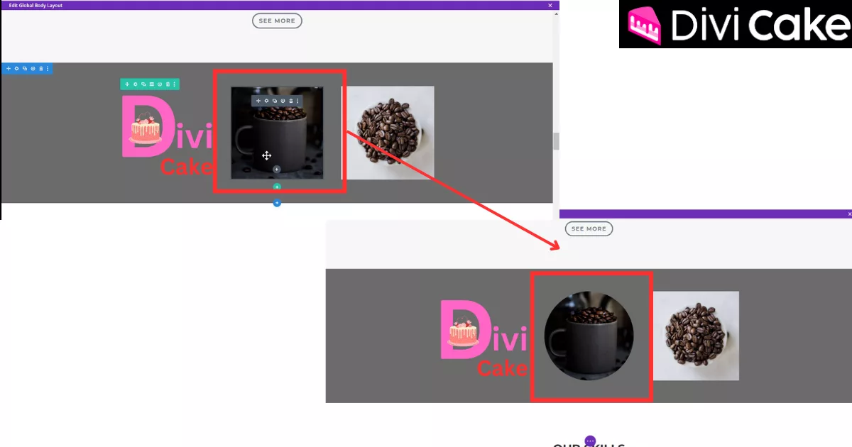 The final result shows a comparison of the image before and after applying the rounded corners effect in Divi, transforming it into a perfect circle.