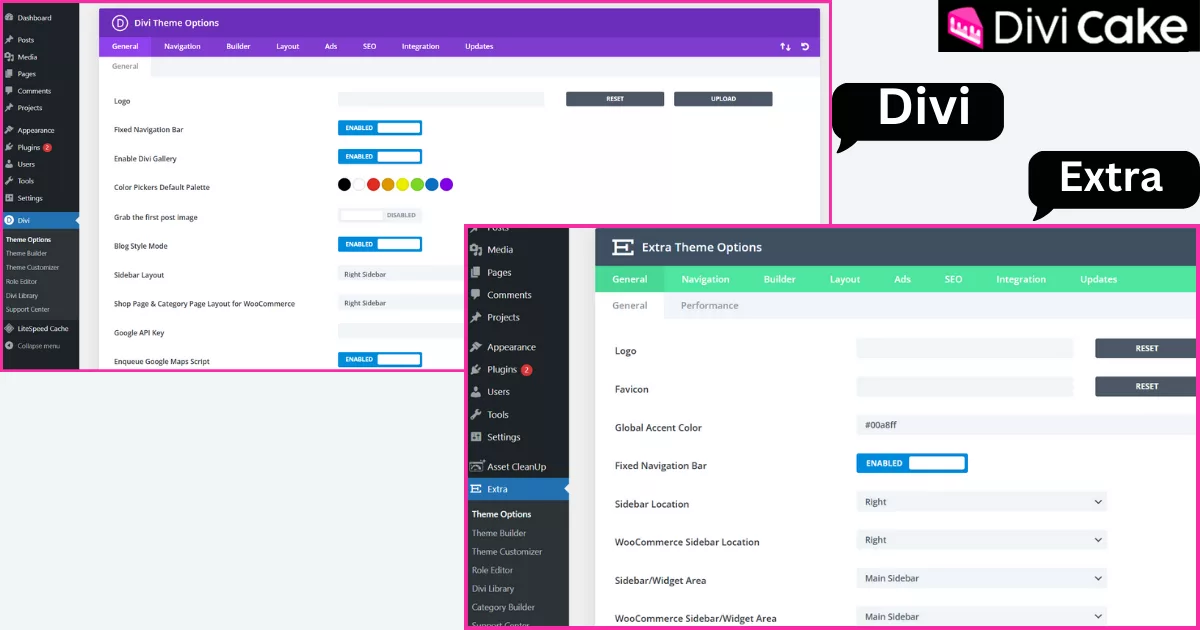 Divi and Extra offer Theme Options for enhanced design flexibility, with Divi focusing on color customization and blog styles, while Extra provides settings for accent colors and WooCommerce integration.