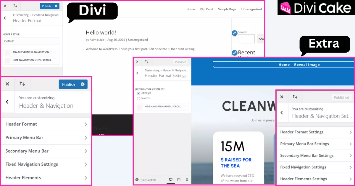 Divi and Extra provide header customization with unique features, including vertical navigation and multiple layouts in Divi, and a trending bar and WooCommerce integration in Extra for content-driven websites.