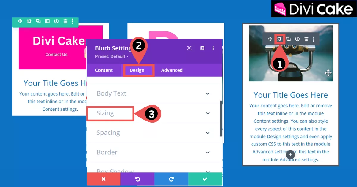 Set the height of a Divi Blurb module by selecting the module, opening the Design tab, and adjusting the Sizing option for a balanced layout.
