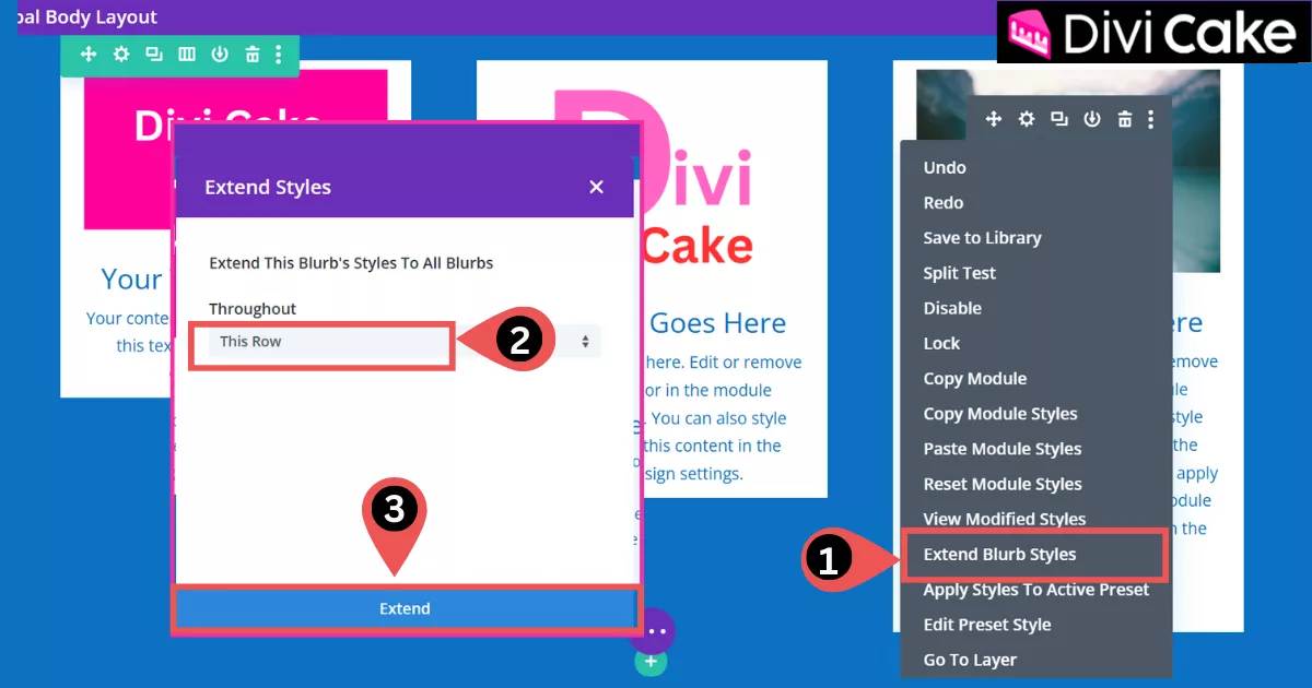 Applying equal height to all Divi Blurb modules in a row using the Extended Blurb Style and Extend option for a consistent and balanced design.