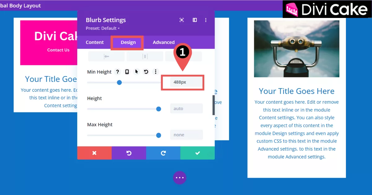 Setting the minimum height of a Divi Blurb module to 488px for a uniform and visually balanced layout, ensuring flexibility across different modules.