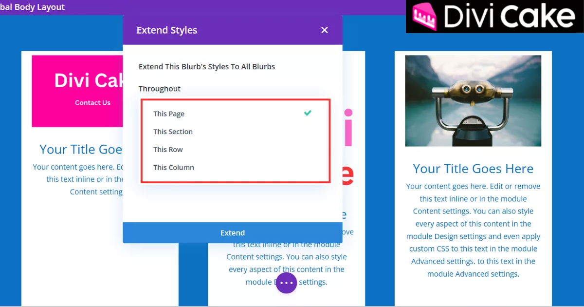 Explanation of extending equal height settings from a single row to an entire page or section by adjusting the Throughout option, as demonstrated in the screenshot.