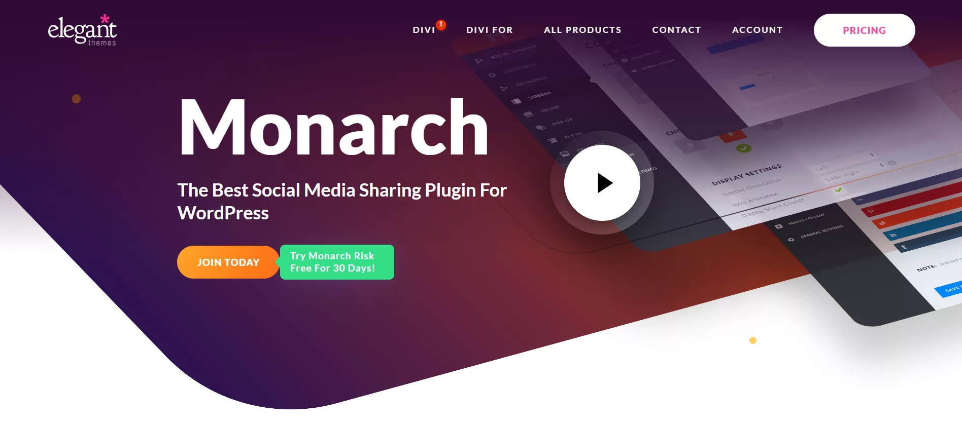 Alt text: Monarch by Elegant Themes is a social sharing plugin for Divi, offering customizable buttons and pop-ups for 20+ networks, trigger-based actions, and built-in analytics, all while keeping your site fast