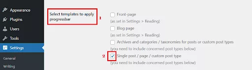 Reading Progress Bar plugin settings with options to apply it on blog pages, single posts, pages, custom post types, and archive sections.