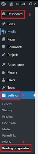 WordPress Reading Progress Bar plugin settings page with options to customize its appearance.