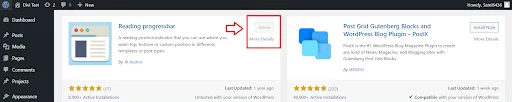 Installing and activating the Reading Progress Bar plugin in the WordPress Dashboard