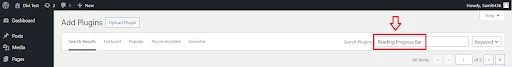 WordPress dashboard showing the plugin search for “Reading Progress Bar” under the Add New Plugins section.