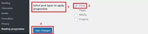 Reading Progress Bar Plugin settings with options to enable it on posts, pages, and disable it for media and projects.