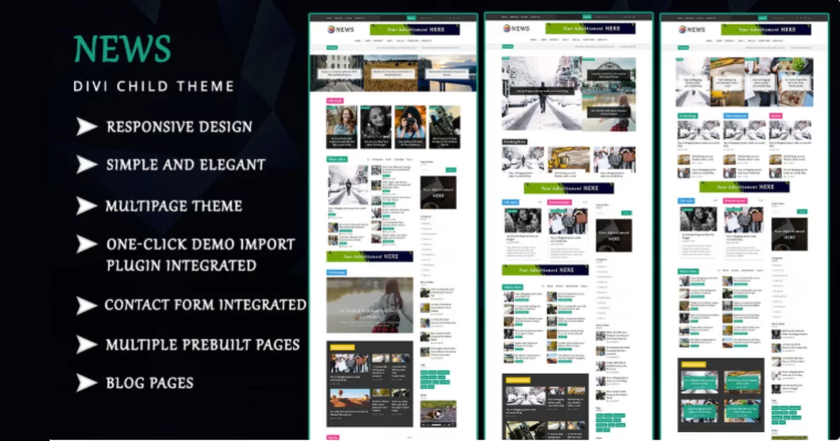 News Divi Child Theme offers a modern, responsive, and SEO-optimized design with pre-built pages, custom post layouts, and one-click demo import, perfect for news portals and online magazines.
