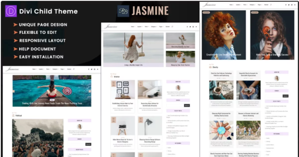 Jasmine – Divi Child Theme offers a feminine, responsive, and SEO-optimized design with customizable layouts, social media integration, and pre-designed pages, perfect for bloggers, entrepreneurs, and influencers.