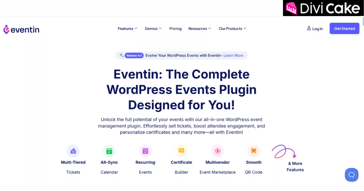 Eventin plugin for WordPress offers event management, ticket sales, attendee tracking, and Zoom integration. It integrates seamlessly with Divi, providing customizable templates and specialized modules for events, calendars, and speaker showcases.