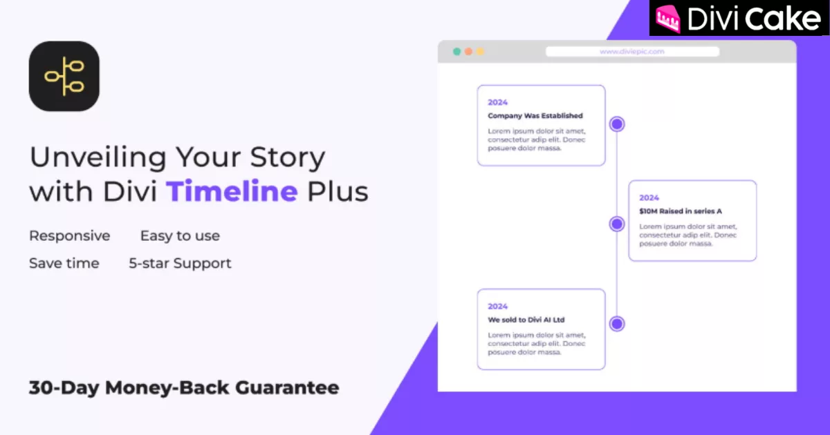 Divi Timeline Plus offers customizable horizontal and vertical timelines to display milestones, product launches, project phases, and historical events with smooth animations and a user-friendly interface.