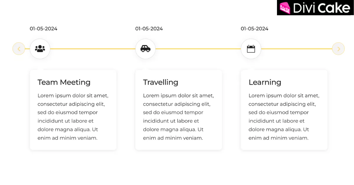 Preview a beautifully designed horizontal timeline style from Divi Timeline Plus, offering a clean, professional, and visually appealing layout for structured content presentation.