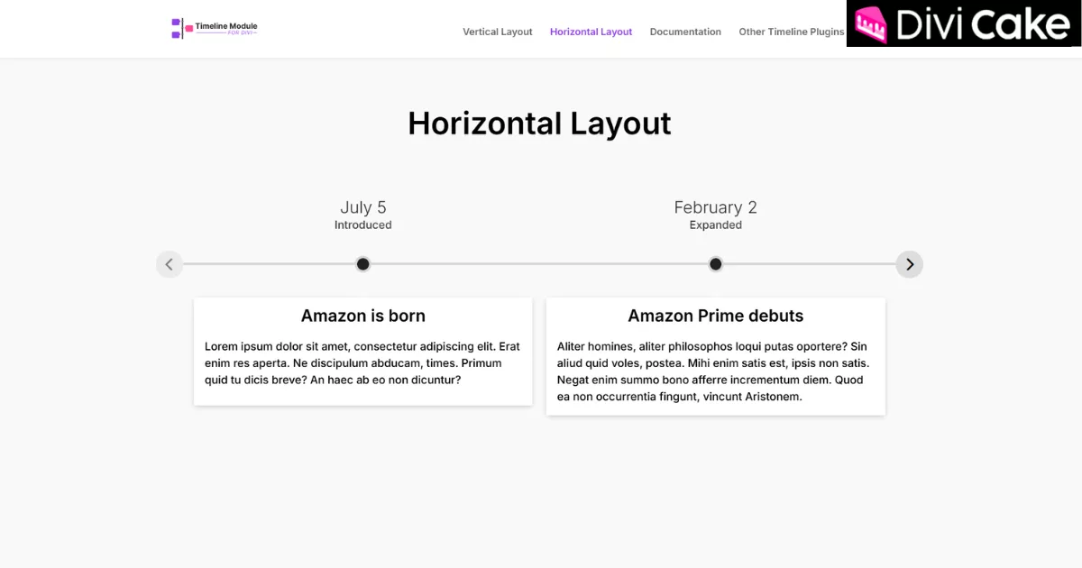 A beautifully designed horizontal timeline created with the Timeline Module for Divi (Pro), featuring a clean, modern, and professional layout for enhanced storytelling and website design.