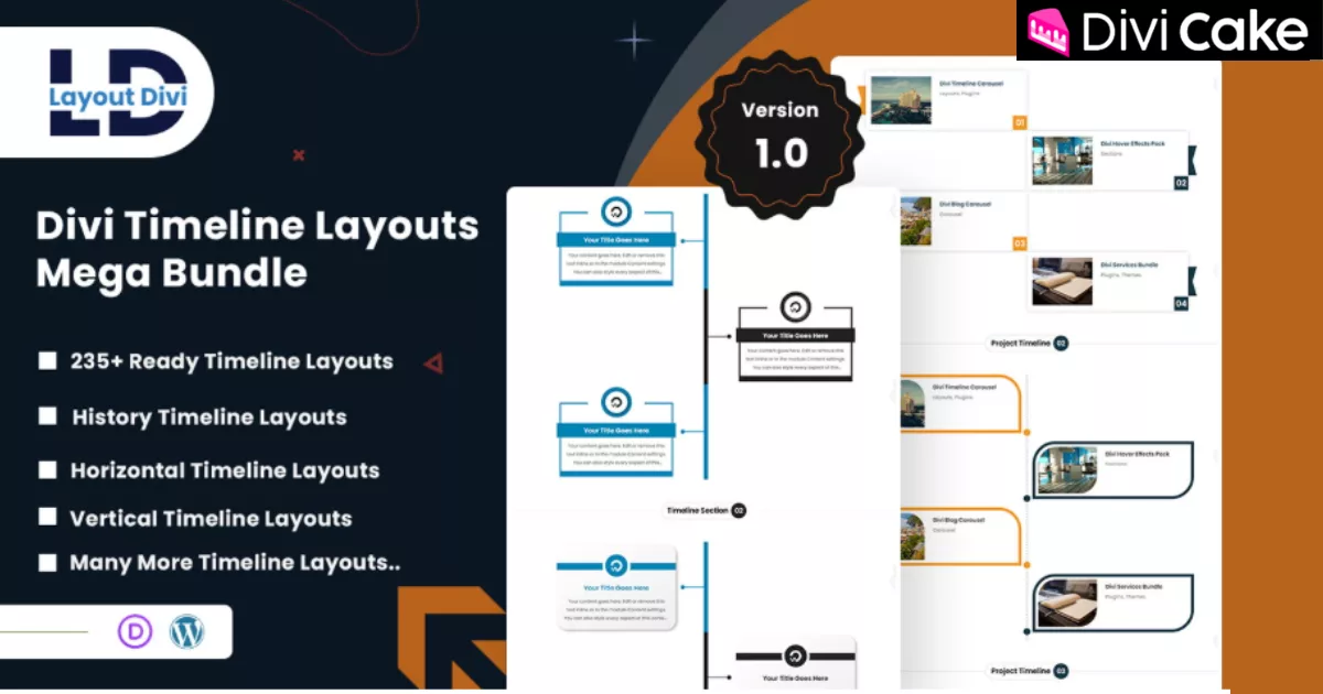 The Divi Timeline Showcase Layouts Mega Bundle features 238+ professionally designed timeline sections for the Divi Builder, including horizontal and vertical layouts for company history, testimonials, blogs, events, and portfolios.