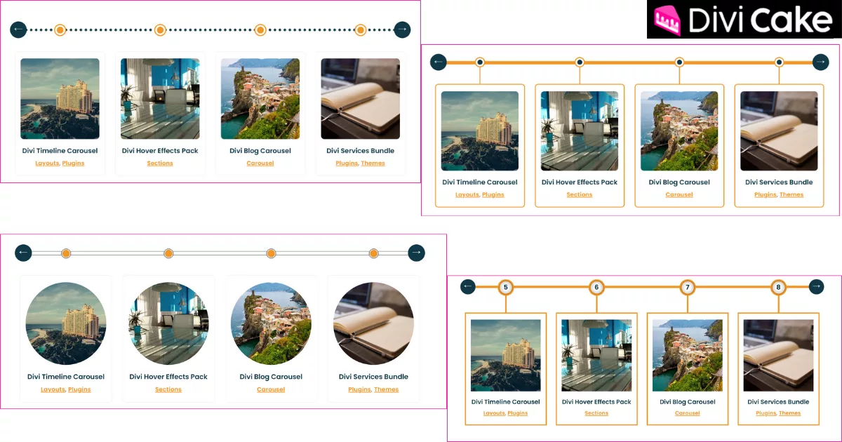 Horizontal timeline layouts from the Divi Timeline Layouts Mega Bundle, crafted for structured and engaging chronological storytelling.