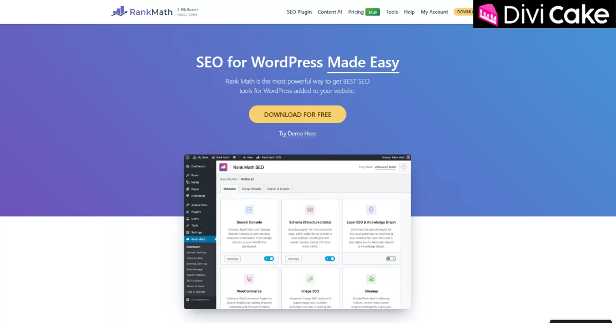 Discover the best free features of Rank Math SEO for Divi, including AI-powered content suggestions, 404 monitoring, schema markup, AMP support, and automated image SEO to boost rankings.