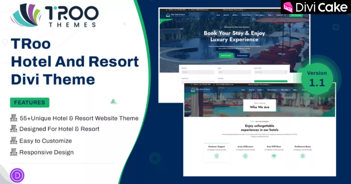 The TRoo Hotel and Resort Divi child theme featuring 55+ elegant layouts, seamless booking integration, and stunning visuals for luxury hotels, resorts, and vacation rentals.