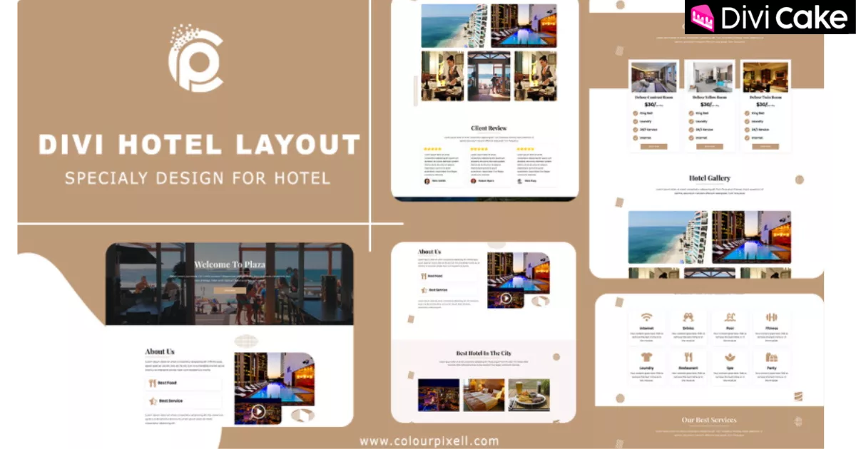Divi Hotel Layout 3 with a fully responsive design, drag-and-drop editing, and fast loading speeds, perfect for hotels, room agencies, and hospitality services.