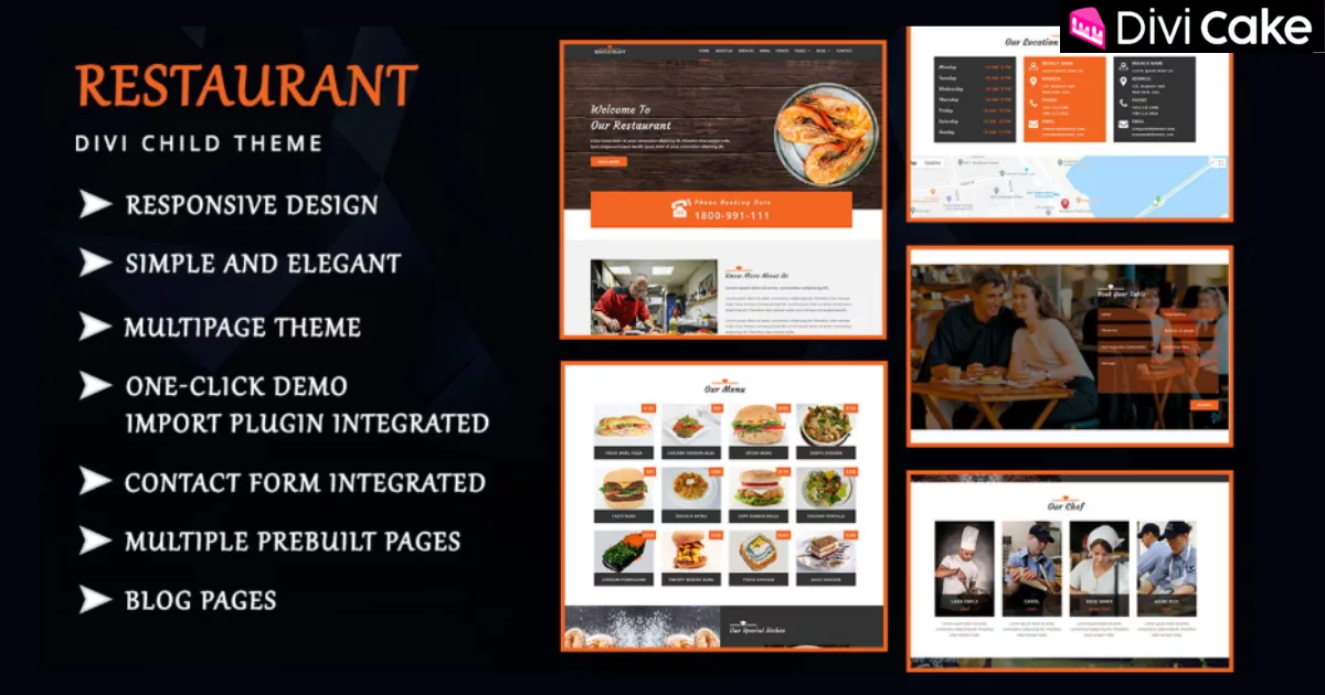 The Restaurant Divi Child Theme with a fully responsive, speed-optimized design, pre-built pages, and one-click demo import, ideal for cafes, bars, and pizza shops.