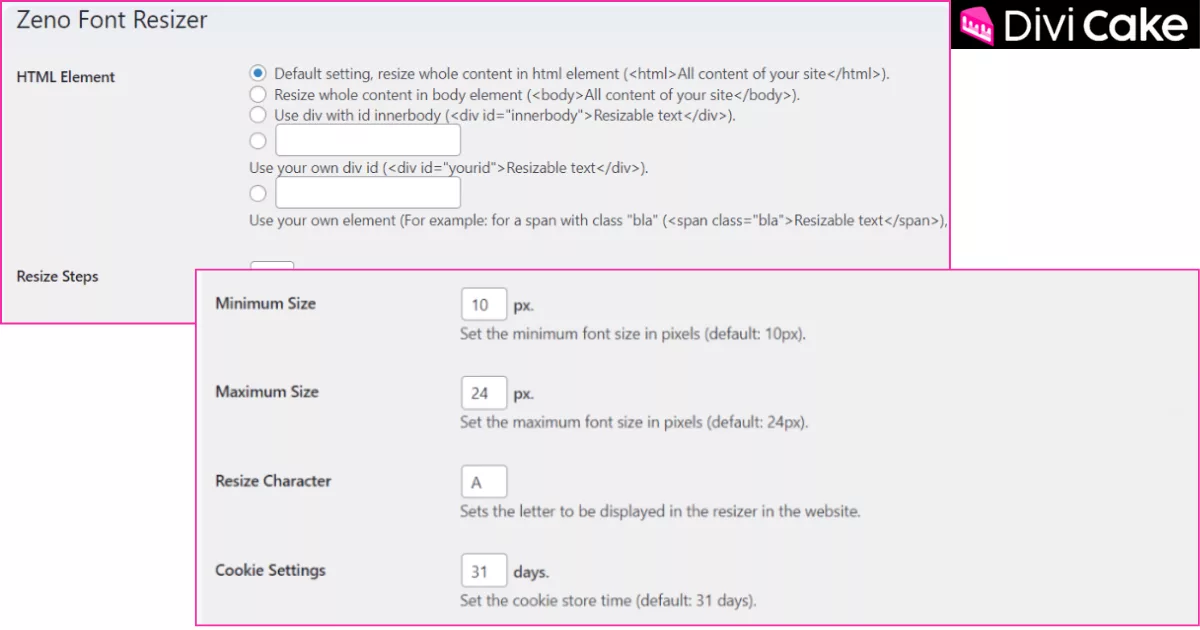 Zeno Font Resizer plugin settings screen showing font resize options, including steps, size limits, and customization controls.