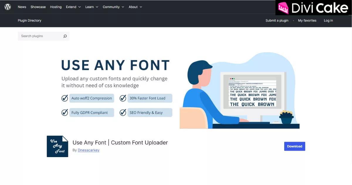 WordPress website using the Use Any Font plugin to upload and apply custom fonts, offering 24,000+ predefined fonts for advanced typography customization.