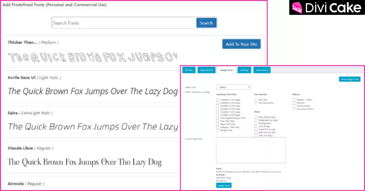 Use Any Font plugin modal displaying font selection with search and preview options.