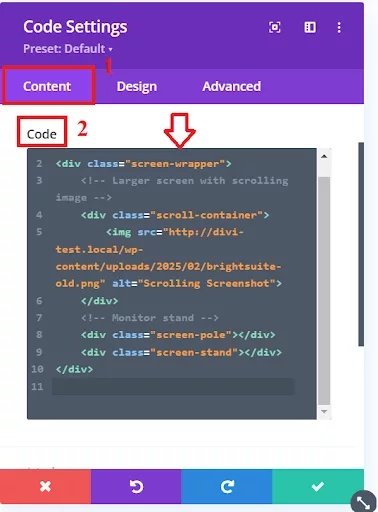 HTML code inside a Divi Code Module to create a scrolling effect within a monitor-style frame, including a container, scrolling image, and stand elements.