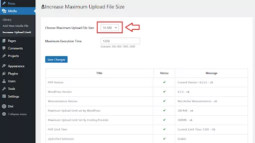 WordPress settings page showing the Increase Maximum Upload File Size plugin options for changing the file upload limit on a Divi website.