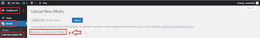WordPress Media Library showing the maximum file upload size limit for a Divi website.