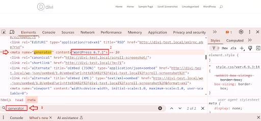 Inspect the page source of a Divi-powered website to find the WordPress version using the meta generator tag.