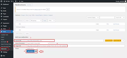 WordPress Redirection plugin setup showing the Source URL and Target URL fields for adding a new 301 redirect.