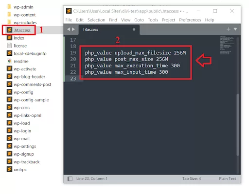Modifying the .htaccess file in cPanel to increase the maximum file upload size for a Divi website.
