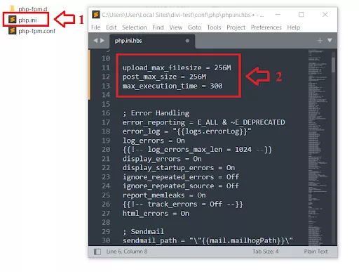 Editing the php.ini file in cPanel to increase the maximum file upload size for a Divi website.