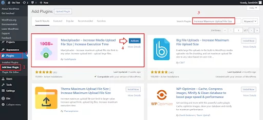 WordPress dashboard showing the installation and setup process for the Increase Maximum Upload File Size plugin on a Divi website.