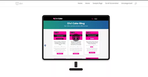 Live preview of the scrolling effect in Divi, showing a monitor-style frame with a hover-activated scrolling animation.