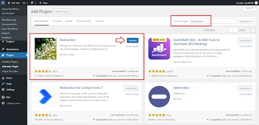 WordPress Redirection plugin interface for setting up 301 redirects to preserve SEO on a Divi website.