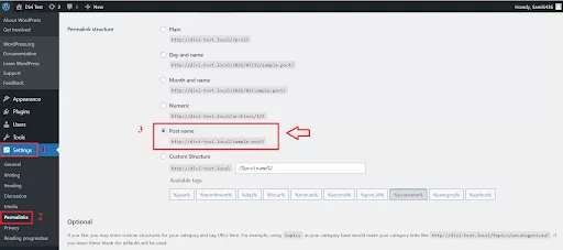 WordPress Permalink Settings page showing the ‘Post name’ option selected for optimizing URLs in Divi.
