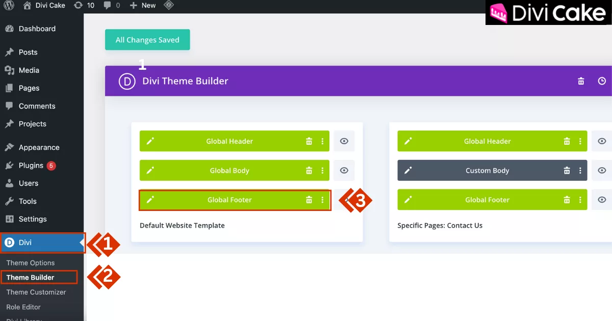 Open the Global Footer in Divi Visual Builder by accessing the Theme Builder in WordPress and clicking the Pen Icon button to start editing.